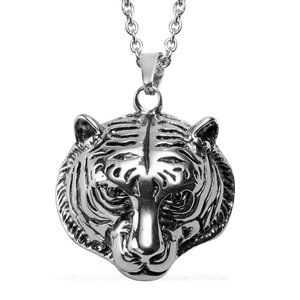 Natural Thai Black Spinel Lion Head Pendant Necklace 24 Inches Stainless Steel
